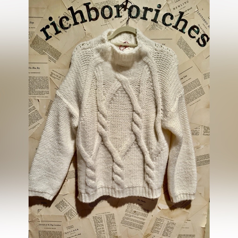 Anthropologie Maeve Relaxed Mock Neck Cable Knit Sweater Wool Ivory - Picture 6 of 7